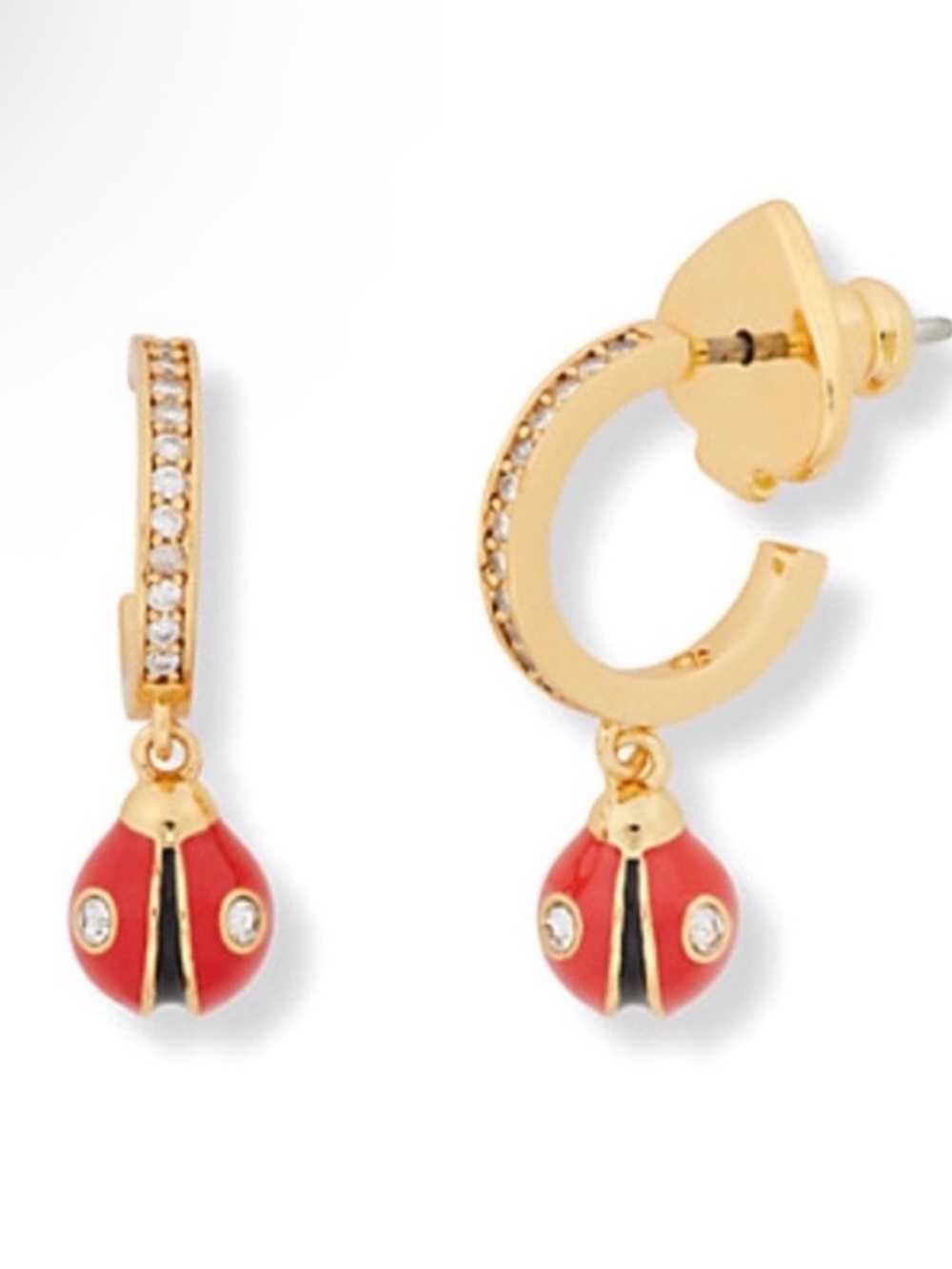 KATE SPADE Nature Walk Ladybug Huggie Earrings Mini Hoops Gold Red Lady Bug NEW